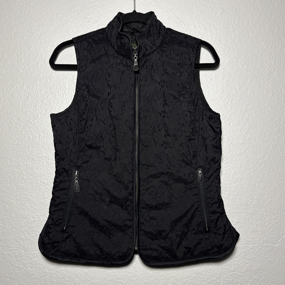 Eddie Bauer Puffer Vest Womens Small Black Goose‎ Down Floral Embroidered Zip